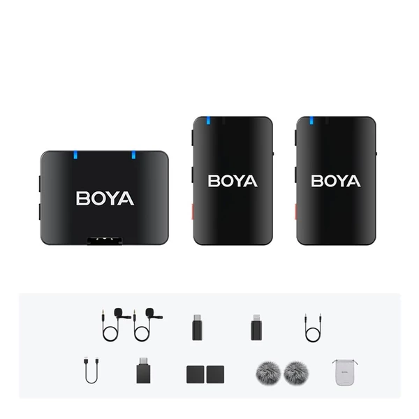 Boya Boyamic-120 egygombos 2,4G vezeték nélküli mikrofon rendszer, 300 m átvitellel, 8G memóriával iOS, Android, kamera és számítógéphez - 2 adóval