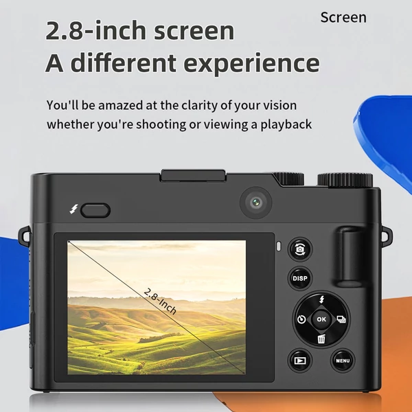 4K digitális kamera, 64MP dupla lencse, 2.8" IPS kijelző, autofókusz, 16X zoom, 20 szűrő, vaku, 32GB TF kártya, 2 akkumulátor, ajándék diákoknak