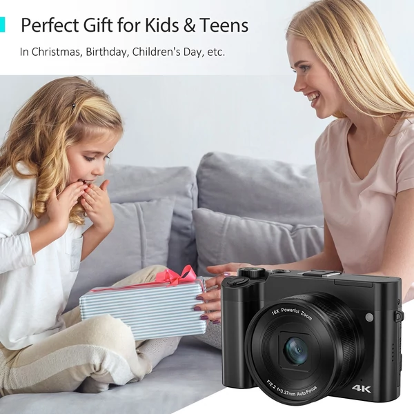 4K digitális kamera, 64MP dupla lencse, 2.8" IPS kijelző, autofókusz, 16X zoom, 20 szűrő, vaku, 32GB TF kártya, 2 akkumulátor, ajándék diákoknak