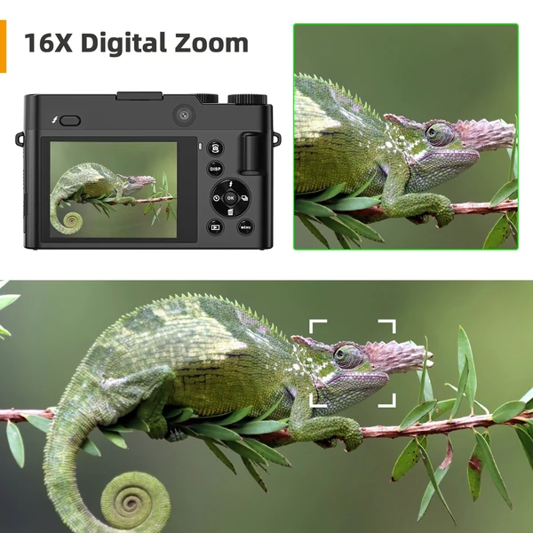 4K digitális kamera, 64MP dupla lencse, 2.8" IPS kijelző, autofókusz, 16X zoom, 20 szűrő, vaku, 32GB TF kártya, 2 akkumulátor, ajándék diákoknak