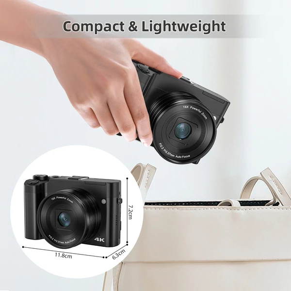 4K digitális kamera, 64MP dupla lencse, 2.8" IPS kijelző, autofókusz, 16X zoom, 20 szűrő, vaku, 32GB TF kártya, 2 akkumulátor, ajándék diákoknak