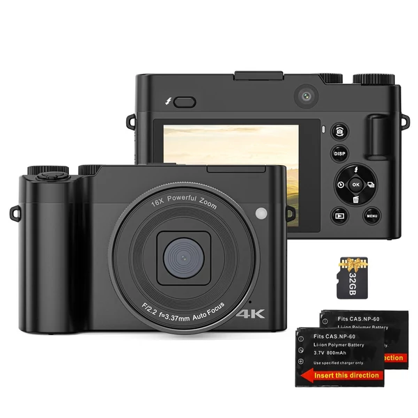 4K digitális kamera, 64MP dupla lencse, 2.8" IPS kijelző, autofókusz, 16X zoom, 20 szűrő, vaku, 32GB TF kártya, 2 akkumulátor, ajándék diákoknak