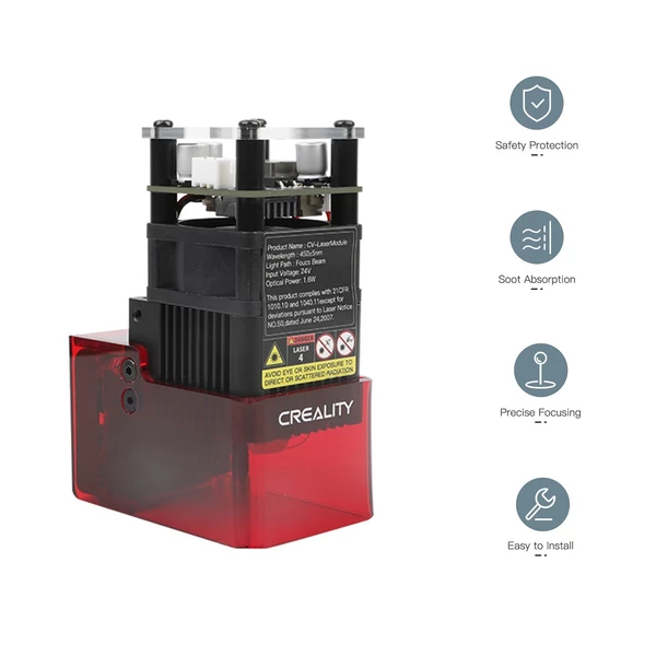 Creality Ender-3 S1 CV-Lézer Modul 24V 1.6W Lézerfej, kompatibilis Ender-3 S1 Pro/Plus, precíz fókuszálás, koromelnyelés, szemvédelem