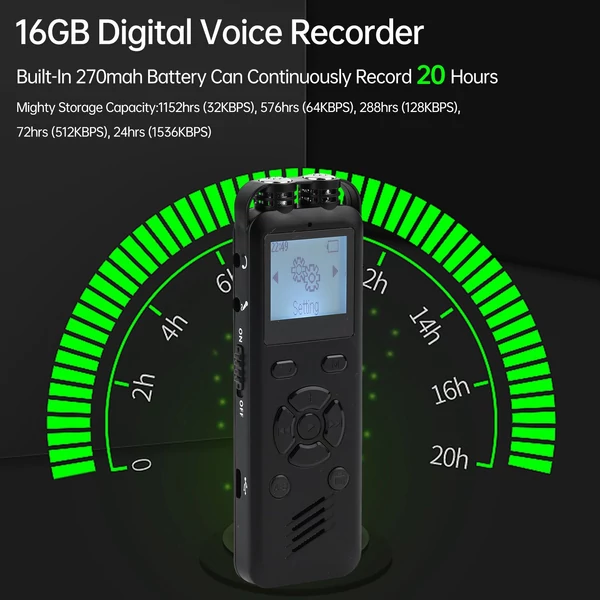 16GB digitális hangrögzítő, hangvezérelt felvétel, MP3 lejátszó, 72 óra rögzítés, jelszavas védelem, előadásokhoz és interjúkhoz