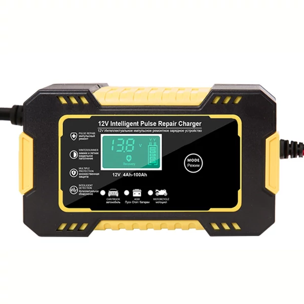 12V 6A Okos Akkumulátor Töltő LCD kijelzővel, javító töltő autóhoz, motorhoz, AGM, zselés, savas akkukhoz