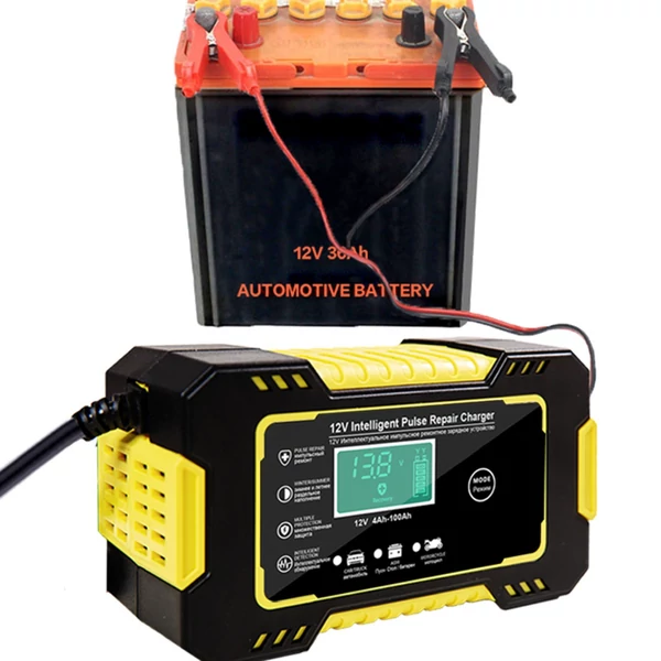 12V 6A Okos Akkumulátor Töltő LCD kijelzővel, javító töltő autóhoz, motorhoz, AGM, zselés, savas akkukhoz