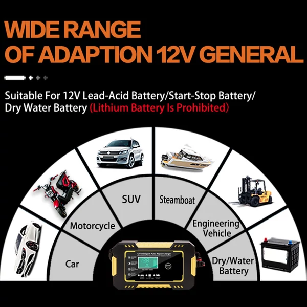 12V 6A Okos Akkumulátor Töltő LCD kijelzővel, javító töltő autóhoz, motorhoz, AGM, zselés, savas akkukhoz