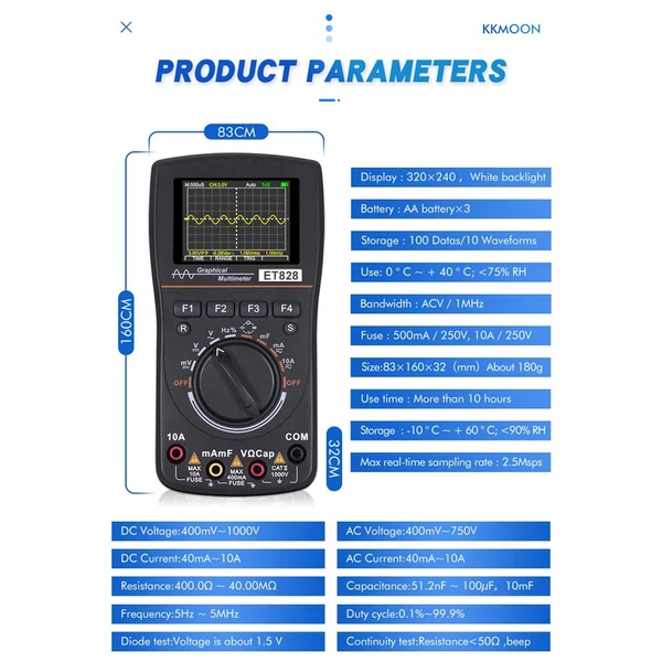 KKmoon 828 2 az 1-ben grafikus digitális oszcilloszkóp multiméter, 2,4" színes kijelző, 1MHz, 2.5Msps