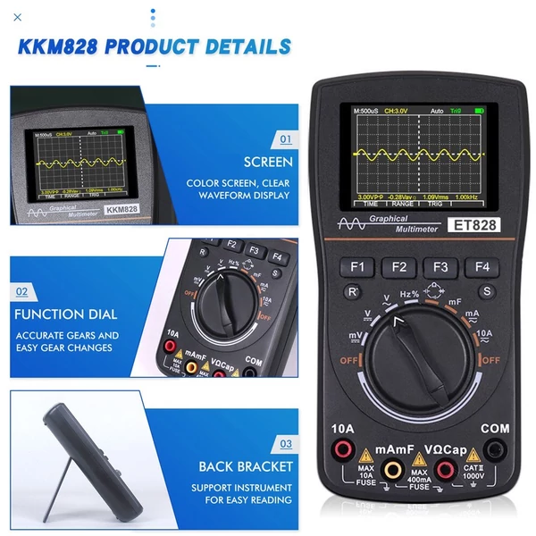 KKmoon 828 2 az 1-ben grafikus digitális oszcilloszkóp multiméter, 2,4" színes kijelző, 1MHz, 2.5Msps