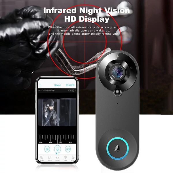 Vezeték nélküli videó kapucsengő kamera 1080p hd, kétirányú hang, 5m éjjellátó, pir emberérzékelés, felhő, ipx6, wifi - Fekete
