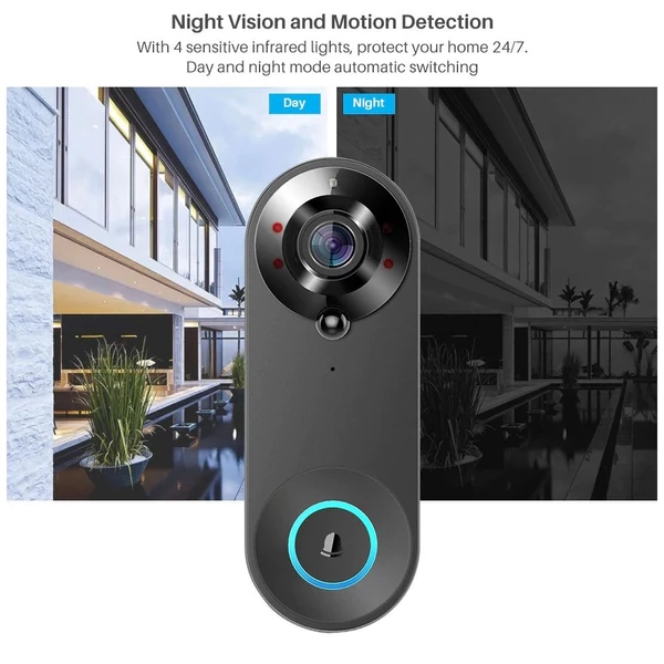 Vezeték nélküli videó kapucsengő kamera 1080p hd, kétirányú hang, 5m éjjellátó, pir emberérzékelés, felhő, ipx6, wifi - Fekete
