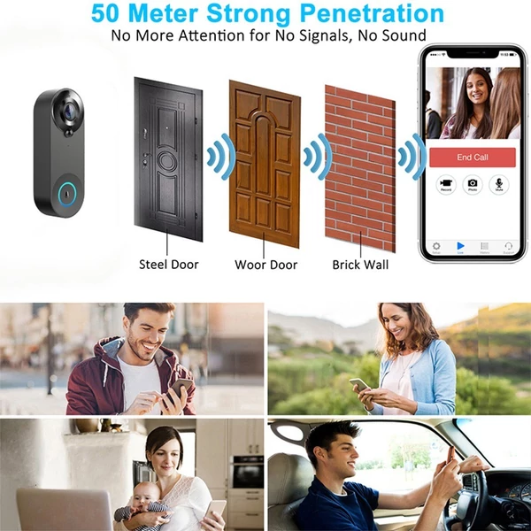 Vezeték nélküli videó kapucsengő kamera 1080p hd, kétirányú hang, 5m éjjellátó, pir emberérzékelés, felhő, ipx6, wifi - Fekete