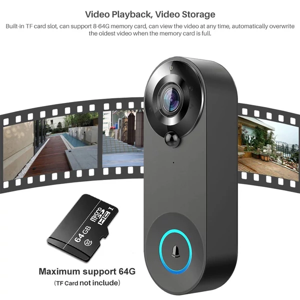 Vezeték nélküli videó kapucsengő kamera 1080p hd, kétirányú hang, 5m éjjellátó, pir emberérzékelés, felhő, ipx6, wifi - Fekete