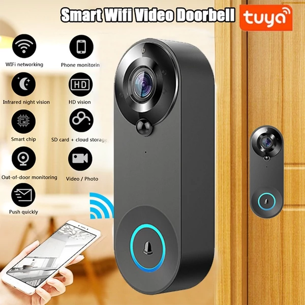 Vezeték nélküli videó kapucsengő kamera 1080p hd, kétirányú hang, 5m éjjellátó, pir emberérzékelés, felhő, ipx6, wifi - Fekete