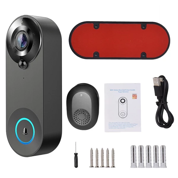 Vezeték nélküli videó kapucsengő kamera 1080p hd, kétirányú hang, 5m éjjellátó, pir emberérzékelés, felhő, ipx6, wifi - Fekete