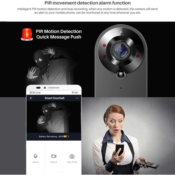 Vezeték nélküli videó kapucsengő kamera 1080p hd, kétirányú hang, 5m éjjellátó, pir emberérzékelés, felhő, ipx6, wifi - Fekete