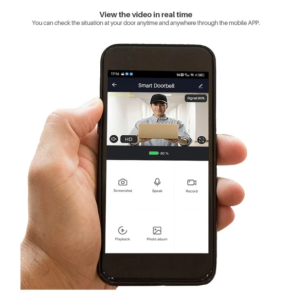 Vezeték nélküli videó kapucsengő kamera 1080p hd, kétirányú hang, 5m éjjellátó, pir emberérzékelés, felhő, ipx6, wifi - Fekete