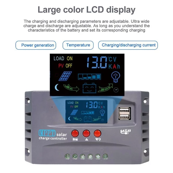 Napelemes vezérlő 12V/24V automatikus azonosítás LCD kijelzővel, dupla USB-s töltésszabályzó - 50A