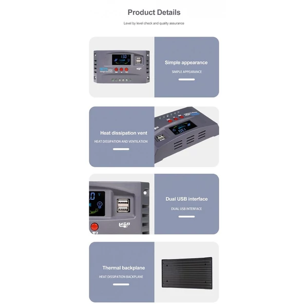 Napelemes vezérlő 12V/24V automatikus azonosítás LCD kijelzővel, dupla USB-s töltésszabályzó - 70A