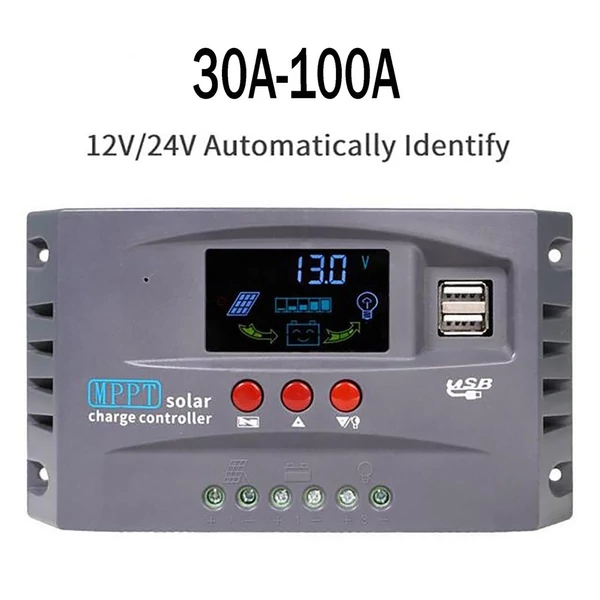 Napelemes vezérlő 12V/24V automatikus azonosítás LCD kijelzővel, dupla USB-s töltésszabályzó - 70A