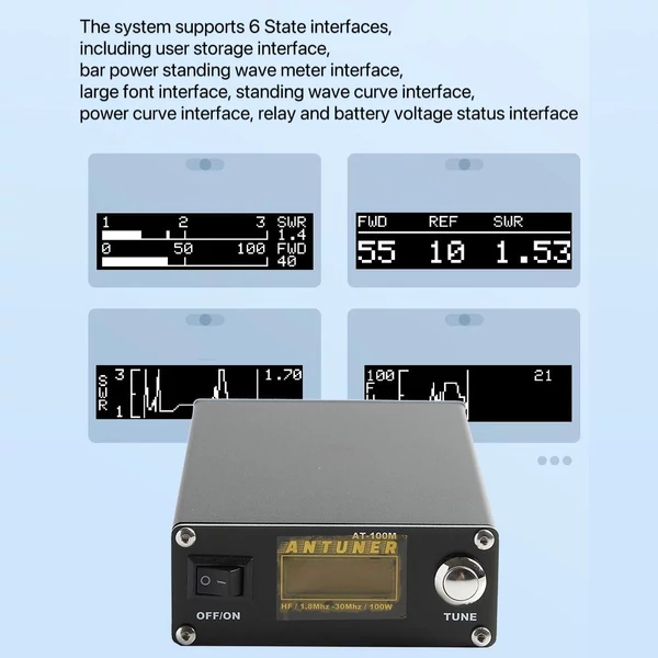 Antuner mindenes 1,8–30 MHz 100 W antennahangoló beépített állóhullámmérővel és teljesítménymérővel HF rádióhoz (usdx g1m ft-818 817 ic-705)
