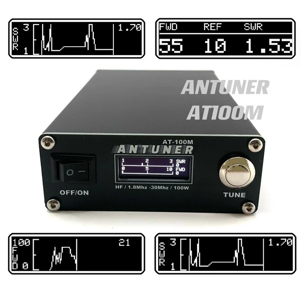 Antuner mindenes 1,8–30 MHz 100 W antennahangoló beépített állóhullámmérővel és teljesítménymérővel HF rádióhoz (usdx g1m ft-818 817 ic-705)