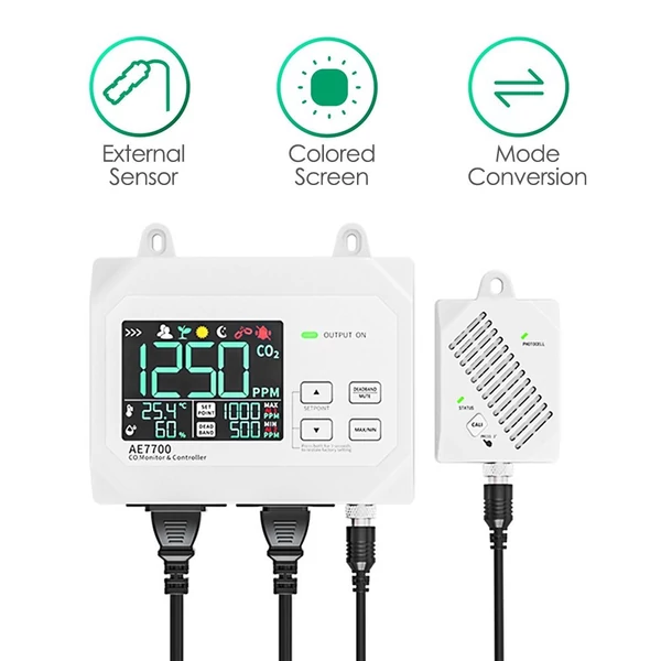 CO2 monitor és vezérlő, 0–9999 ppm mérési tartomány, emberi és növényi mód, falra szerelhető levegőminőség-ellenőrző relével termesztéshez, üvegházba