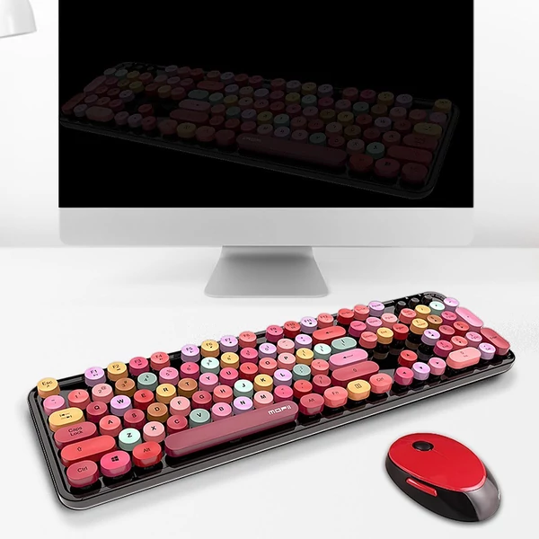 Mofii Sweet vezeték nélküli billentyűzet és egér szett, színes, kör alakú billentyűkkel, PC/laptophoz - Fekete