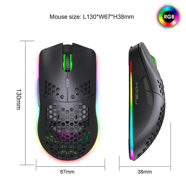 HXSJ T66 RGB 2.4G vezeték nélküli gamer egér, RGB világítás, tölthető, állítható DPI, ergonomikus - Fehér