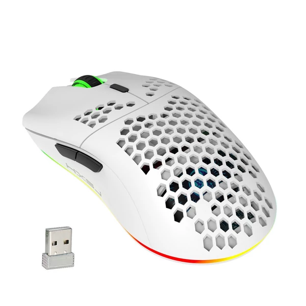HXSJ T66 RGB 2.4G vezeték nélküli gamer egér, RGB világítás, tölthető, állítható DPI, ergonomikus - Fehér