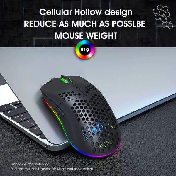 HXSJ T66 RGB 2.4G vezeték nélküli gamer egér, RGB világítás, tölthető, állítható DPI, ergonomikus - Fehér