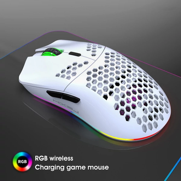 HXSJ T66 RGB 2.4G vezeték nélküli gamer egér, RGB világítás, tölthető, állítható DPI, ergonomikus - Fehér
