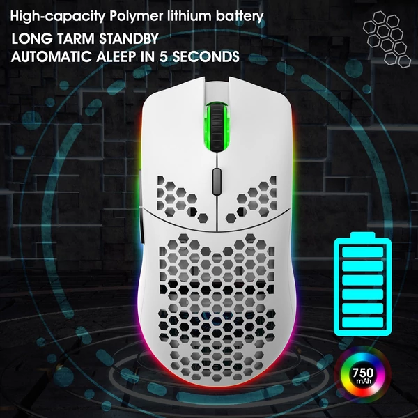 HXSJ T66 RGB 2.4G vezeték nélküli gamer egér, RGB világítás, tölthető, állítható DPI, ergonomikus - Fehér