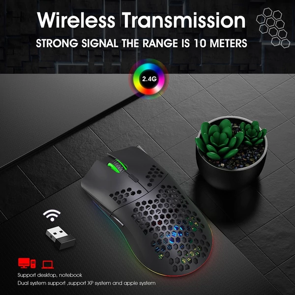 HXSJ T66 RGB 2.4G vezeték nélküli gamer egér, RGB világítás, tölthető, állítható DPI, ergonomikus - Fehér