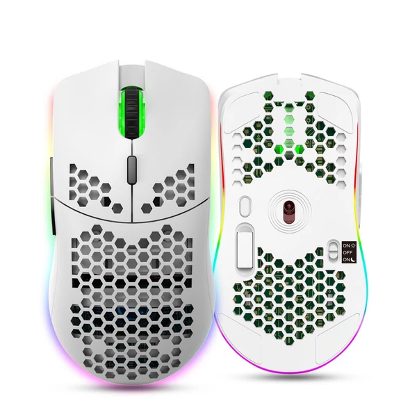 HXSJ T66 RGB 2.4G vezeték nélküli gamer egér, RGB világítás, tölthető, állítható DPI, ergonomikus - Fehér