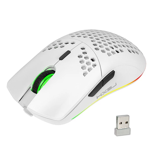 HXSJ T66 RGB 2.4G vezeték nélküli gamer egér, RGB világítás, tölthető, állítható DPI, ergonomikus - Fehér