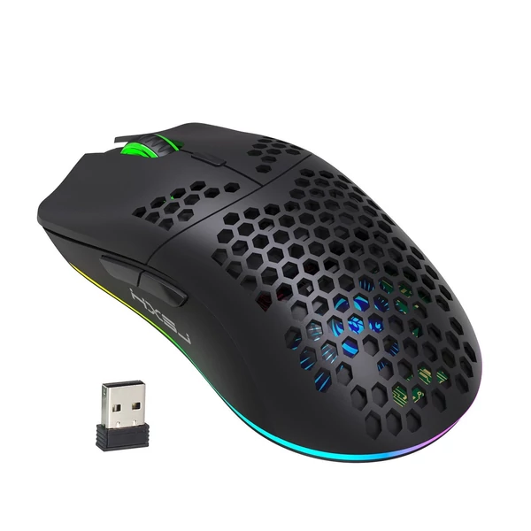 HXSJ T66 RGB 2.4G vezeték nélküli gamer egér, RGB világítás, tölthető, állítható DPI, ergonomikus - Fekete