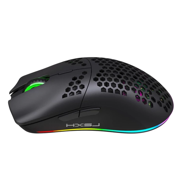HXSJ T66 RGB 2.4G vezeték nélküli gamer egér, RGB világítás, tölthető, állítható DPI, ergonomikus - Fekete