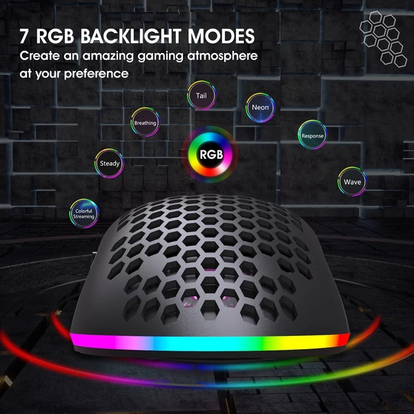HXSJ T66 RGB 2.4G vezeték nélküli gamer egér, RGB világítás, tölthető, állítható DPI, ergonomikus - Fekete