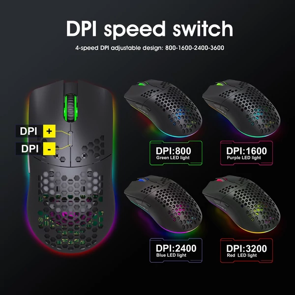 HXSJ T66 RGB 2.4G vezeték nélküli gamer egér, RGB világítás, tölthető, állítható DPI, ergonomikus - Fekete