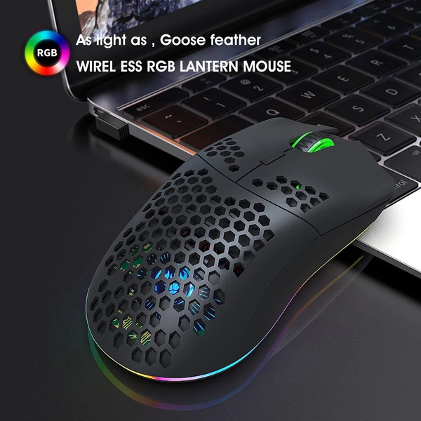 HXSJ T66 RGB 2.4G vezeték nélküli gamer egér, RGB világítás, tölthető, állítható DPI, ergonomikus - Fekete