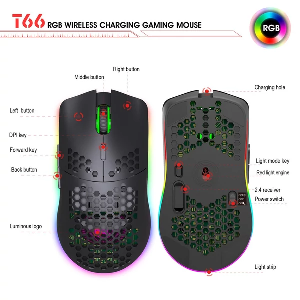 HXSJ T66 RGB 2.4G vezeték nélküli gamer egér, RGB világítás, tölthető, állítható DPI, ergonomikus - Fekete