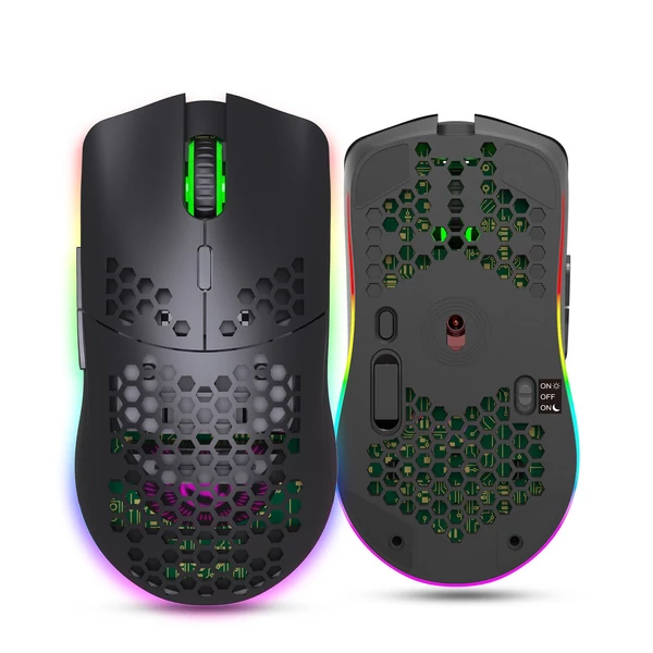 HXSJ T66 RGB 2.4G vezeték nélküli gamer egér, RGB világítás, tölthető, állítható DPI, ergonomikus - Fekete
