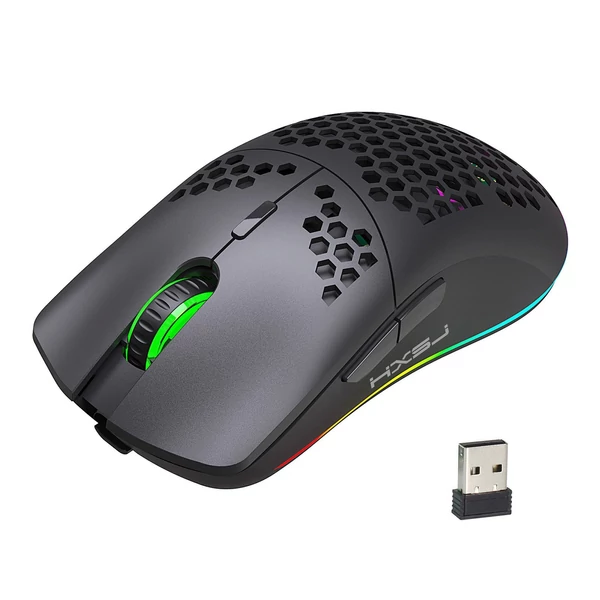 HXSJ T66 RGB 2.4G vezeték nélküli gamer egér, RGB világítás, tölthető, állítható DPI, ergonomikus - Fekete
