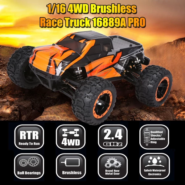 16889A-Pro 1:16 4WD rc autó, 45 km/h, nagy sebességű, 2840 kefenélküli motor, vízálló terepjáró, led világítással - 3 akkumulátorral