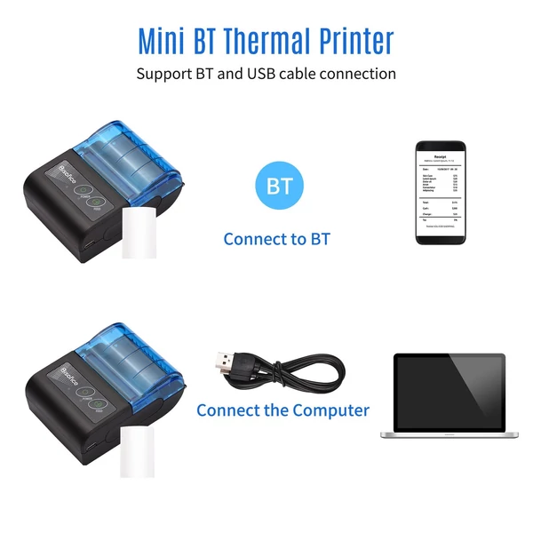 Bisofice hordozható 58 mm-es mini hőnyomtató, vezeték nélküli USB blokknyomtató, iOS/Android/Windows kompatibilis, éttermi/bolti használatra