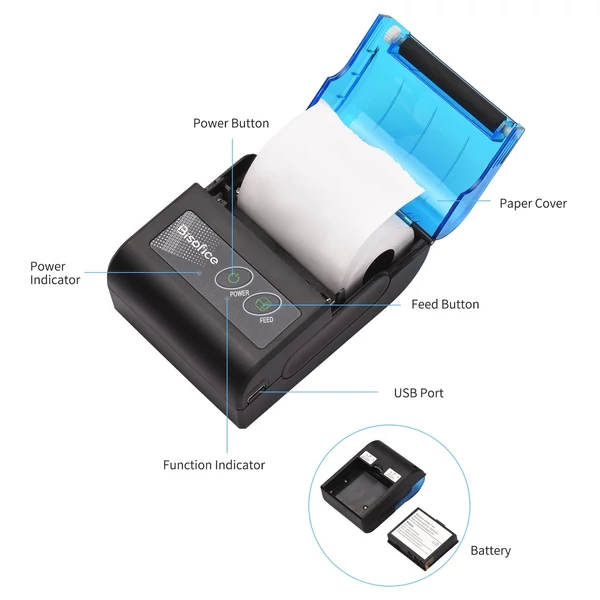 Bisofice hordozható 58 mm-es mini hőnyomtató, vezeték nélküli USB blokknyomtató, iOS/Android/Windows kompatibilis, éttermi/bolti használatra