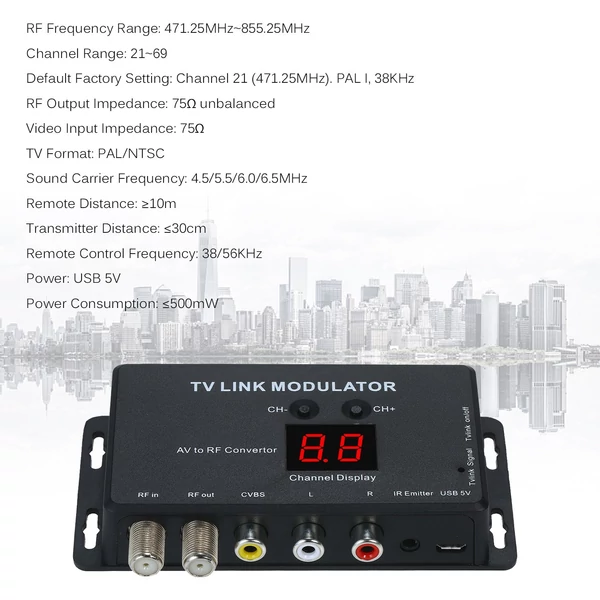 TVLINK AV–RF modulátor és infravörös RF jeltovábbító