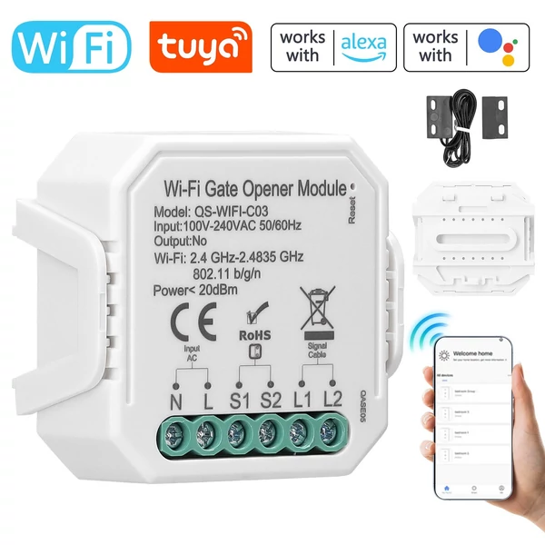 Tuya wifi garázskapu nyitó vezérlő, mobiltelefonos távvezérlés, appal, alexa és google home kompatibilis hangvezérlés
