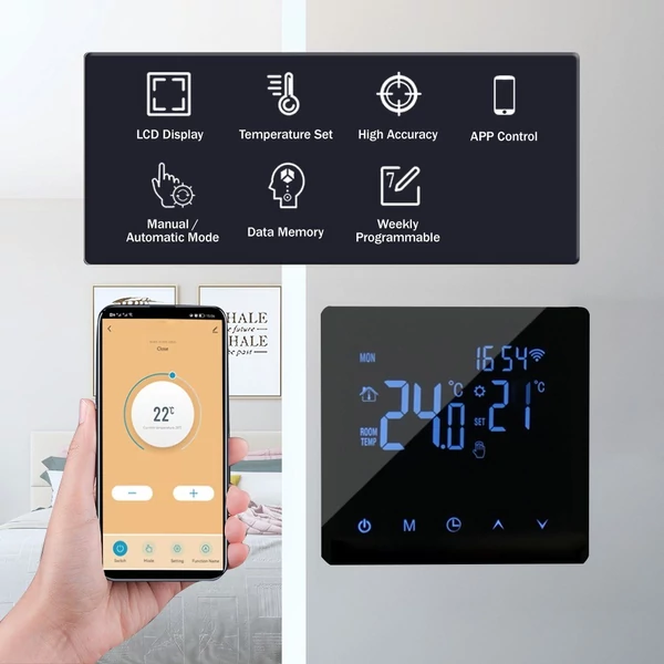 Wifi okostermosztát lcd kijelzős érintőképernyővel - Fekete, 3A vízfűtéshez